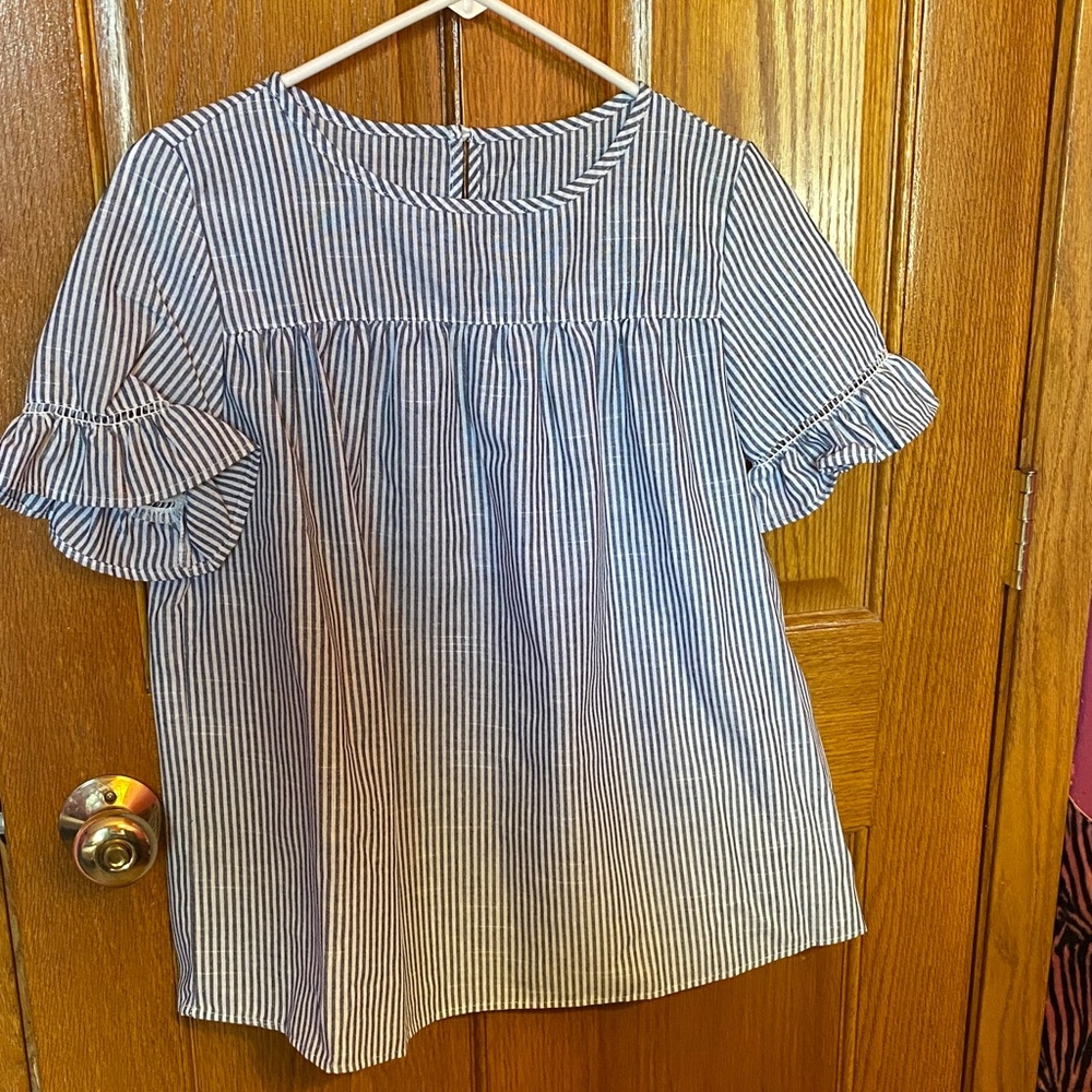 SHEIN Blue and White Striped Blouse with Ruffle Sleeves